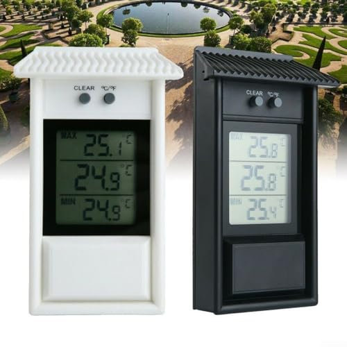 Termometro da giardino con display digitale, per interni ed esterni, temperatura massima minima, lunga durata (nero)