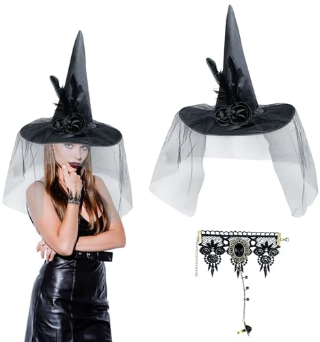 FUIPVGI Hexenhut Damen Hexenhut und Gotisch Armbänder Sexy Hexen Zylinder Hut Hexen Hut mit Federn Retro Spitze Vampir Armband Kostüm Zubehör, Einheitsgröße(Schwarz)