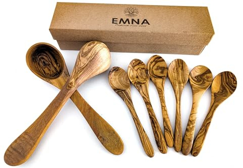 EMNA Set da 8 pezzi: 2 mestoli + 6 cucchiai in legno d'oliva in confezione regalo | zuppa | creatore | Natale, compleanno, festa della mamma | 5° anniversario di matrimonio | legno | donna | idea