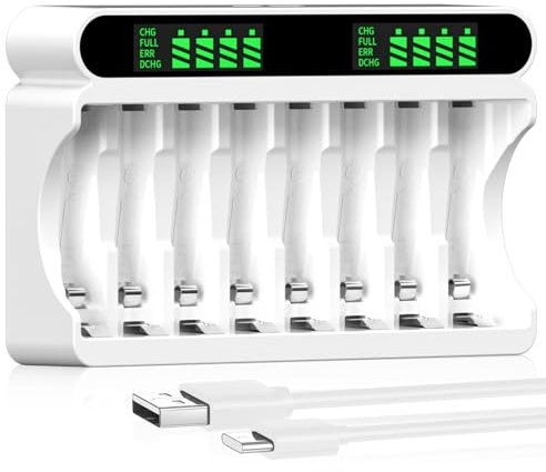IMREN Chargeur de Piles Rechargeables, 8 Slots de Charge Indépendants avec écran LCD, 5V 2A Type-C et Entrée Micro USB, pour Batterie Rechargeable NiMH/NiCD AA AAA