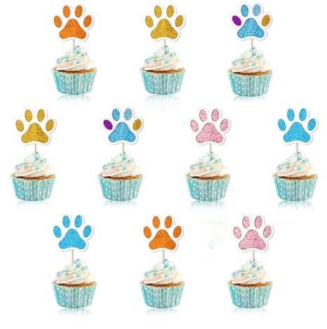 20uds Adornos para Cupcakes Pata de Perro, Adornos para Cupcakes con Forma de Pata de Cachorro con Purpurina Adornos para Cupcakes Perro Azul para Fiestas de Cumpleaños y Baby Shower