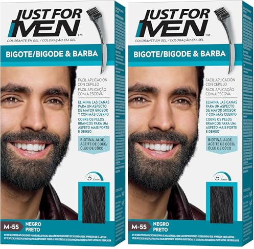 Just For Men Tinte Bigote Y Barba, Elimina Las Canas Para Una Apariencia Más Espesa Y Completa, Con Pincel Aplicador Incluido, Color Negro, M55 (Paquete de 2)