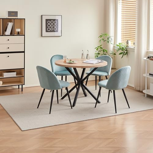 DEYARNA HOME Matgrupp set bord och stolar, matbord och 4 stolar, sammetsmatstolar, bordsskiva av MDF, svarta bordsben, modernt köksbordsset ljus träfärg/grön, 100 x 100 x 76,5 cm)