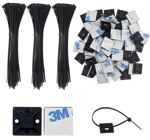300 Stück Kabelbinder Schwarz Set 150mm und 100 Stück Selbstklebend Basishalter, Nylon Kabel Binder Kunststoff Kabelhalter Beständig Basishalter für Kabelbefestigung Lichterkette (Schwarz)