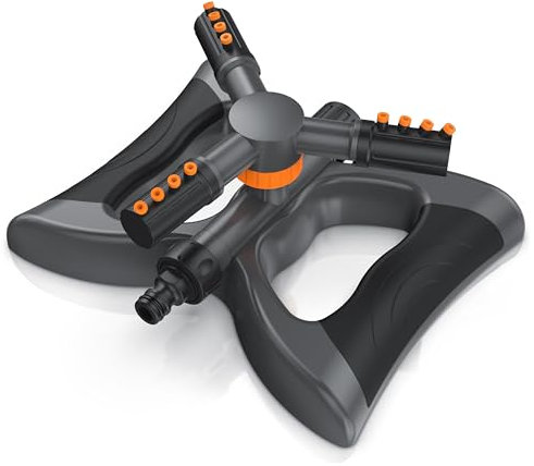 Brandson - Irrigatore da Giardino - 3 Bracci - 12 Ugelli Spruzzatori - Portata 10 m - 314 m² - Angolo di diffusione regolabile - Adattatore a Raccordo Rapido - Base Ampia - Regolabile da 60° a 90°