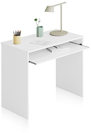 duehome | Mesa de Ordenador con Bandeja extraíble, Mesa Escritorio Juvenil, Modelo Smile, Color Blanco Artik, Medidas: 90 cm (Ancho) x 54 cm (Fondo) x 79 cm (Alto)