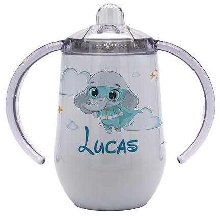 Marquage Unique Tasse d'Apprentissage Personnalisable pour Bébé, Gobelet avec Double Poignée, Motif Éléphant Super-héros - Gobelet bébé personnalisé