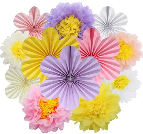 BestoFun 12er Set Papier Blumenfächer Beige Hellviolett Pfirsich Papierblumen Pompons Rosa Hellgelb Weiß Hängende Girlande Dekoration für Hochzeit Geburtstagsfeier Gartenparty Tischdeko
