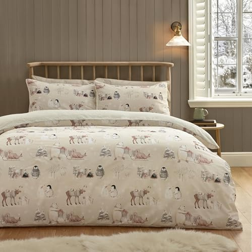 Catherine Lansfield Winter Friends Sherpa Double Duvet Cover Set with Pillowcases Natural