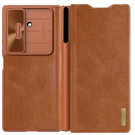 TYLYJSU Custodia in Pelle per Samsung Galaxy Z Fold 7, con Portapenne, Coperchio di Protezione Dell'Obiettivo Scorrevole, Fessure per Carte, Fodera in Fibra Cover,Ottone,Fold 7