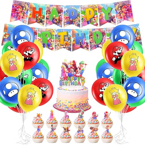 NlsqUK 30 PCS Mario Birthday Decorations, Mario Party Decorations Including Banner Cake Topper Balloons, Cartoon Party Supplies Pack for Kids Fans