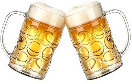 Komost Plastic Pint Glasses Set of 2, 500ml Clear Dimpled Pint Glass with Handle, Unbreakable Beer Stein Mugs Reusable Cups for Club, Bar & Party