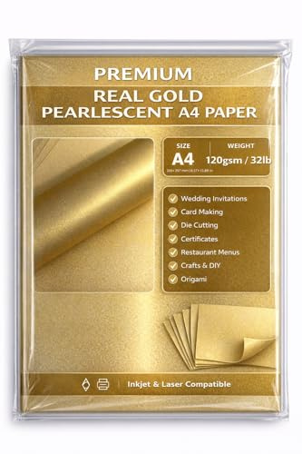 A4 Gold Pearlescent Paper 120gsm – Metallic Gold Printer Paper for Inkjet & Laser Printers – Shimmer Craft Paper for Invitations, Certificates & Crafts – Syntego (500)