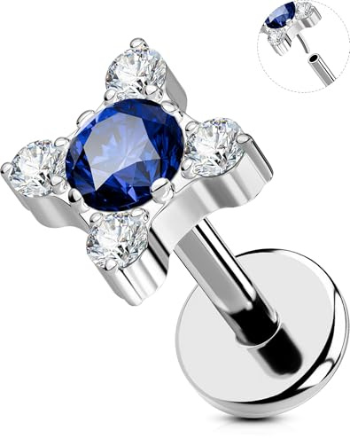 OUFER G23 Titanio Piercing Naso 18G Helix Orecchino Piercing Gioiello Stella Labret Conch Tragus 6mm Blu CZ Senza Filetti Nostril Cartilagine Trago Orecchini Gioielli per Donna