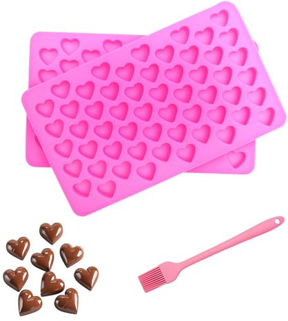 XRVRILE 2 Herz Silikonformen zum Backen mit Silikonpinsel, Rosa Lebensmittelechte Pralinenform, Antihaft Mini Eiswürfelform Herz, Wiederverwendbare Silikonform für Schokolade