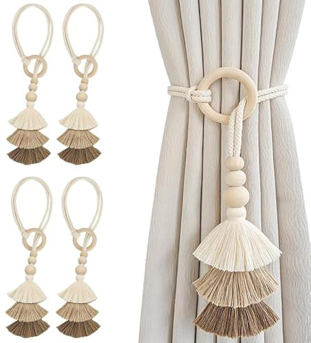BWOOOWE 4 Pezzi Ferma Tende Decorativi con Anello e Nappa Fermatenda Piombini per Raccogli Tenda Stile Boho Accessori per Tende Eleganti Ferma Finestre Decorazione Casa