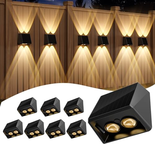 Quntis Solar Wall Light Outdoor, 8Pack Warm White & RGB Front Door Light, IP65 Waterproof Solar Fence Lights, Up Down Outside Lights for Wall Garden Porch Deck Stair Yard Backyard Pathway Black