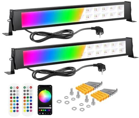 RIGIDON 2x 28W 2800LM RGBW faretto led esterno con APP & telecomando, 96 Leds, barra luminosa, proiettori faretti, Dimmerabile Musicale Timer Strobo DIY, fari lampada per giardino palco partito, IP67