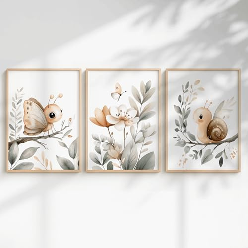 Generisch 3er Poster-Set fürs Babyzimmer A4 A3- Wandbilder Waldtiere - Bär, Fuchs, Igel, Hase & Co. - Bilder fürs Kinderzimmer (Grün - Schnecke & Schmetterling, A4, Ungerahmt)