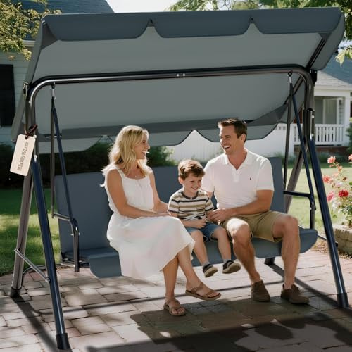 Soontrans Columpio de jardín de 3 plazas para relajarse por la tarde en el jardín, columpio de jardín con acolchado y toldo ajustable, estructura de acero y tejido textileno (193 x 110 x 152 cm, gris)