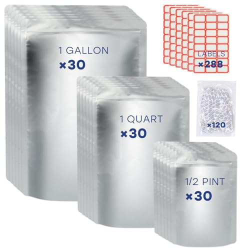 Bolsas de Mylar para almacenamiento de alimentos, 3 tamaños, 1 galón, 1 cuarto de galón, 1/2 pinta, cremallera resellable, sin BPA, con paquetes y etiquetas de gel de sílice, paquete de 100