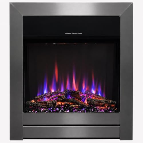 Valine Fires Recessed Wall Electric Fireplace Insert - Silver & Black Metal Inset Electric Fire, Finish, LED Fake Flame Effect, Remote Control, 1400W/1600W, Coal Effect Logs & Crystals