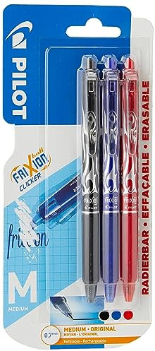 Pilot Frixion Clicker Rollerball, einziehbar, radierbar, 0,7 mm Spitze, Schwarz/Blau/Rot, 3 Stück