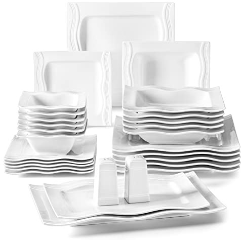 MALACASA Serie MARIO, Juego de Vajilla de 56 Piezas para 12 Personas, Color Marfil, Vajilla Elegante de Porcelana con Platos, Cuencos, Salero, Pimentero y Platos de Servicio