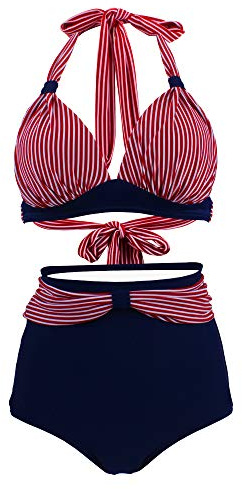 Bslingerie® 2-delat set med retro halterbikini, baddräkt med hög midja, Sjöman rand, XXL