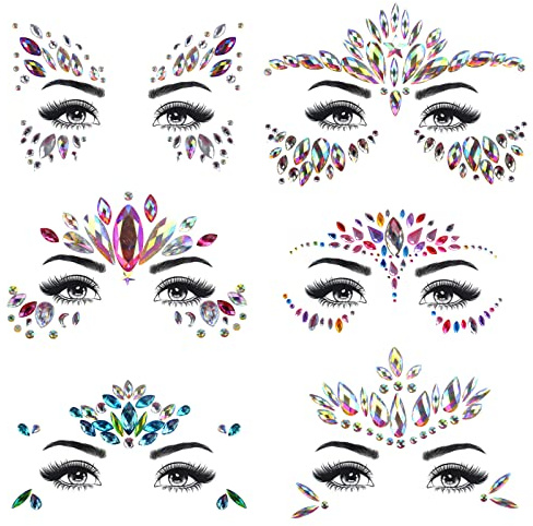 Gesicht Edelsteine 6 Set, Selbstklebend Glitzer Gesicht Festival Schmuck | Gesicht Strass Temporäre Tattoo,Gesicht Aufkleber Augenbraue Gesicht Körperschmuck, für Glitzer Effekt Parties Shows (Typ 1)