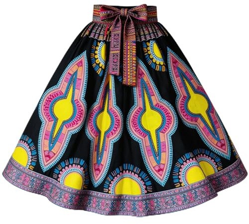 Maxi gonna con cinturino regolabile con stampa a cera tradizionale, gonne lunghe con tasche profonde, motivo a fiore largo multicolore modello tradizionale maxi con sciarpa coordinata per donne e