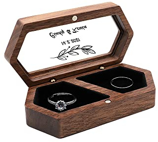 Jinlinjew Personalisierte Ringschatulle aus Holz, Verlobungsringschatulle für 2 Ringe, individuell gravierter Text und Datumsträger, mit durchsichtiger Schmuckaufbewahrungsbox