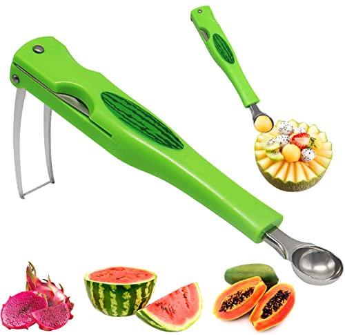 3 in 1 Kugelausstecher, RosyFate Wassermelonen Schneider, Melonenausstecher Kugeln, Edelstahl Obstwerkzeug Set, Mit Fruchtgabel, für Cantaloupe, Papaya, Drachenfrucht (B)
