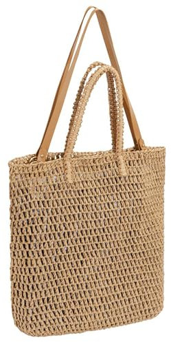 Jeesblsy Stroh Strandtasche Damen Schultertaschen, Groß Sommer Handtasche Böhmische Weben Tote Tasche Umhängetaschen mit Ledergriffe für Reisen Einkaufen und Urlaub (Braun)