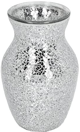 Jarrones de Vidrio Mosaico Plateado, Jarrón de Mosaico Decorativo de Cristal Craquelado, para el Hogar Decoración de la Mesa del Banquete de Boda, Sala de Estar, Comedor, Dormitorio, Estu(10 x 20cm)