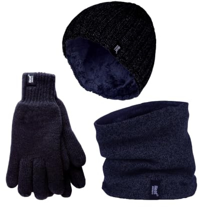 Heat Holders Herren Halswärmer Mütze Handschuhe Set Winddicht Warm Gestrickt Fleece Thermo Winter Set