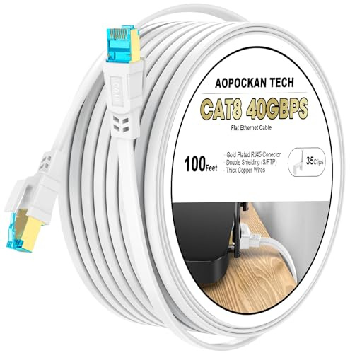 Cat 8 Ethernet Cable 100 FT, Heavy Duty High Speed 40Gbps 2000Mhz Internet Network Patch Cord, RJ45 Shielded Flat LAN Cable, Outdoor&Indoor Weatherproof S/FTP UV Resistant for Gaming, Router, Modem