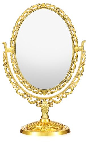 FOMIYES Miroir Tournant De Table Miroir De Maquillage De Coiffeuse Table Grossissante Pivotante De Bureau Ovale Doré Un Verre Antique Faire Tourner