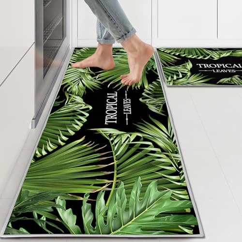 PQCXXA 2 Stück Küchenteppiche und Teppiche Öl aufnehmen Küche Matten Fußmatte Teppich Set für Küche, Wäscherei,Wohnzimme (Leaf, 43x150cm+43x75cm)