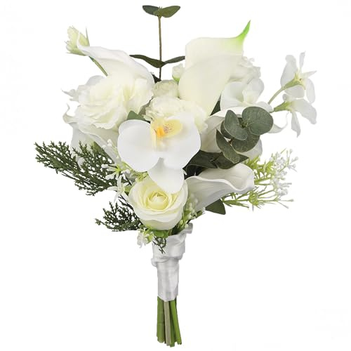 Rinlong 9.8 Wedding Bouquet, White Green Silk Posy Bridal Bouquet
