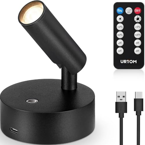 URTOM Spot Lights Indoor with Remote Rechargeable Picture Light Battery Operated Spotlight with Timer Dimmable Wireless Uplighting Indoor Display Lights Stick on Wall Light for Plant Artwork, 1 Pack