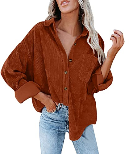 Women's Corduroy Shirt with Buttons, Oversized Blouses, Tops, Long Sleeve, Casual Warm Jacket with Pockets, Long Sleeve Blouse Cord