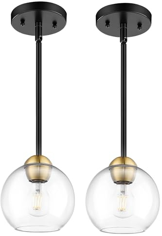 Emak 2 Pack Black and Gold Pendant Light Fixtures, Modern 7 Inch Globe Pendant Lights Kitchen Island with Clear Glass Shade, 1 Light Hanging Lights for Kitchen, Bedroom, Bathroom, PL119-BKBGD-2PK