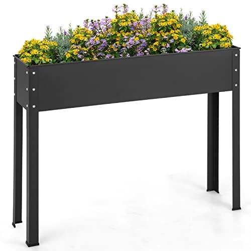COSTWAY Raised Garden Bed, Metal Elevated Planter Box with Drainage Hole and Legs, Vegetables Flowers Herbs Plant Container for Yard Balcony Patio (Black, 102 x 27 x 80cm)