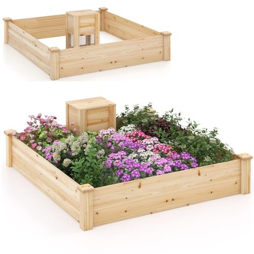 RELAX4LIFE Jardinère Surélevé 300L sans Fond avec Composteur en Bois de Sapin, Base Ouverte,Carré Potager Surélevé 124x124x25CM pour Culture de Vignes Fruits Légumes Fleurs Herbes