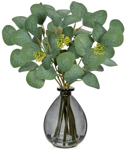 Oairse Fake Plants Artificial Eucalyptus Stems in Glass Vase with Faux Water 34cm Fake Plant Eucalyptus Leaves Greenery Faux Silver Dollar Leaves for Home Table Centerpiece Shelf Decor