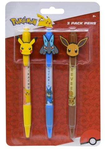 Pokemon 3 Packungen Stifte mit Gummi-Charakter-Clip (Pikachu, Lucario und Eevee)