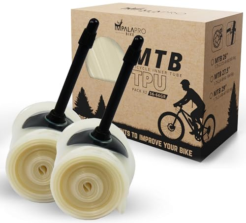 IMPALAPRO - TPU Schlauch MTB 29/27.5/26 Ultraleicht 56-66g Presta | MTB Schlauch 29 Zoll, 27.5 und 26 Zoll, Presta-Halbmetallventil 45mm, Herausnehmbarem Kern, Breite 1.75-2.4