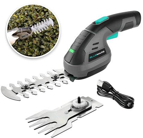 Bluemars 8V 2-in-1 Cordless Hedge Trimmer & Grass Shear w/ 2000mAh Lithium-Ion Battery, Mini Garden Pruner with 2 Blades, For Lawn, Shrub, and Garden Edging