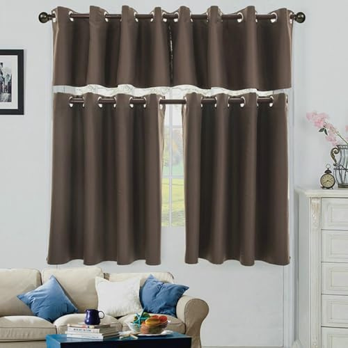 Beydodo Vorhänge Kurz 46 cm Hoch, Bistrogardinen Blickdicht mit Ösen 132x46CM Einfarbig Scheibengardinen & Kurzstores Wohnzimmer 2er Pack, Braun